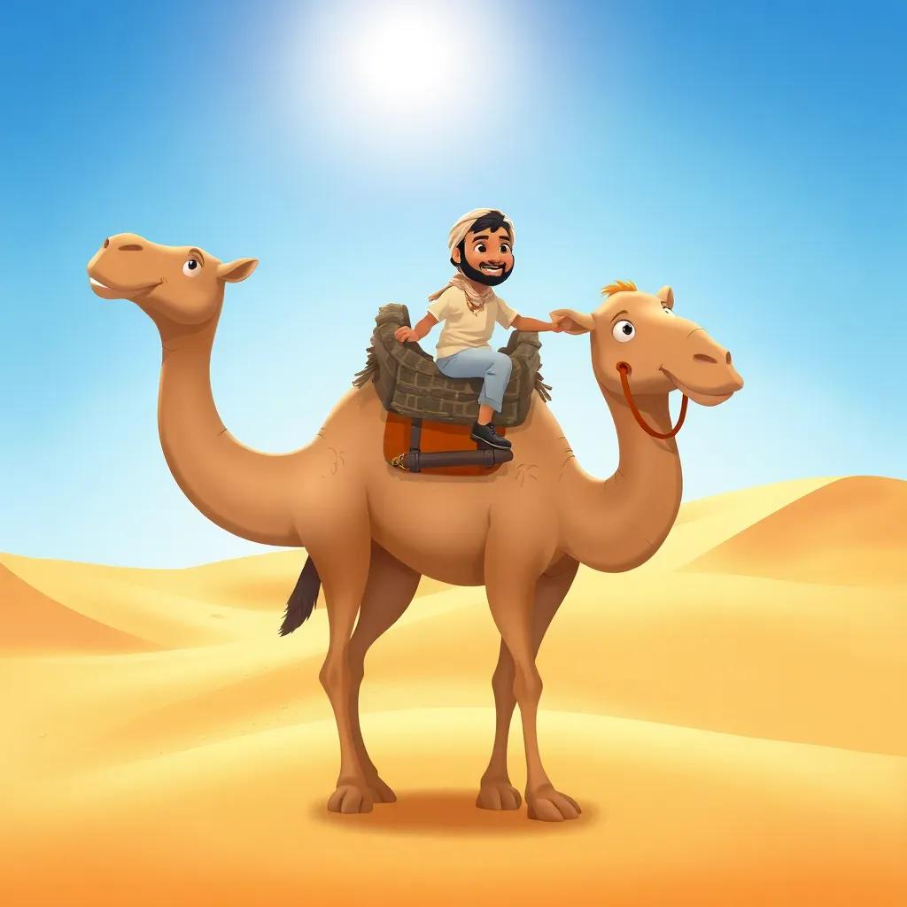 A large camel named Ajeeb, brown and grey fur, with Faisal riding on its back, surrounded by beautiful sand dunes and a bright blue sky, cheerful illustration, child-friendly, exploration theme, high quality