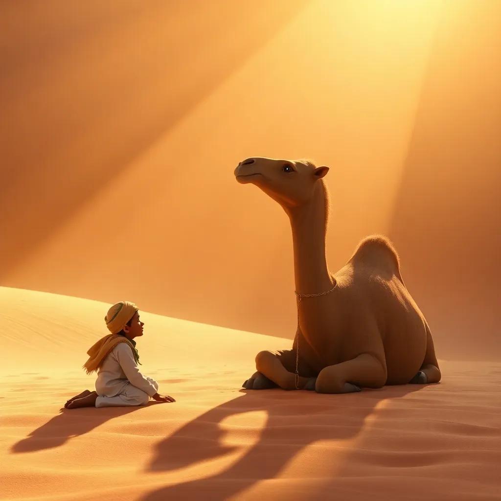 Faisal listening to Ajeeb, the camel, as they sit on the sand, blocks of shadow and light from the sun, very detailed, warm afternoon light, storytelling ambiance, high quality