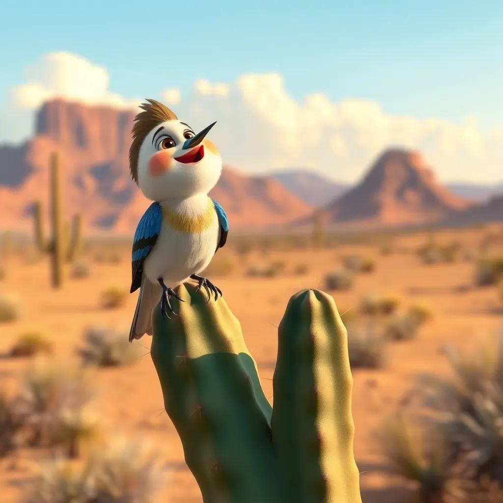 Faisal, excited, spotting a small singing bird perched on a cactus, with the desert landscape behind, bright colors, optimistic, uplifting mood, high quality