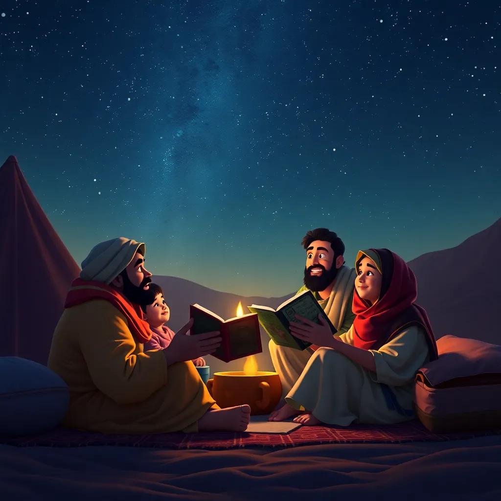 Faisal, back at his tent, animatedly sharing stories with his family under the starlit sky, warm light from the tent, rich colors, cozy and inviting atmosphere, high quality