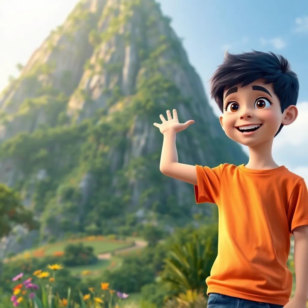 A young Arab boy, Sami, with short black hair, wearing a bright t-shirt and jeans, standing excitedly at the foot of a tall mountain covered with green trees and colorful flowers, digital art, vibrant colors, cheerful atmosphere, high quality
