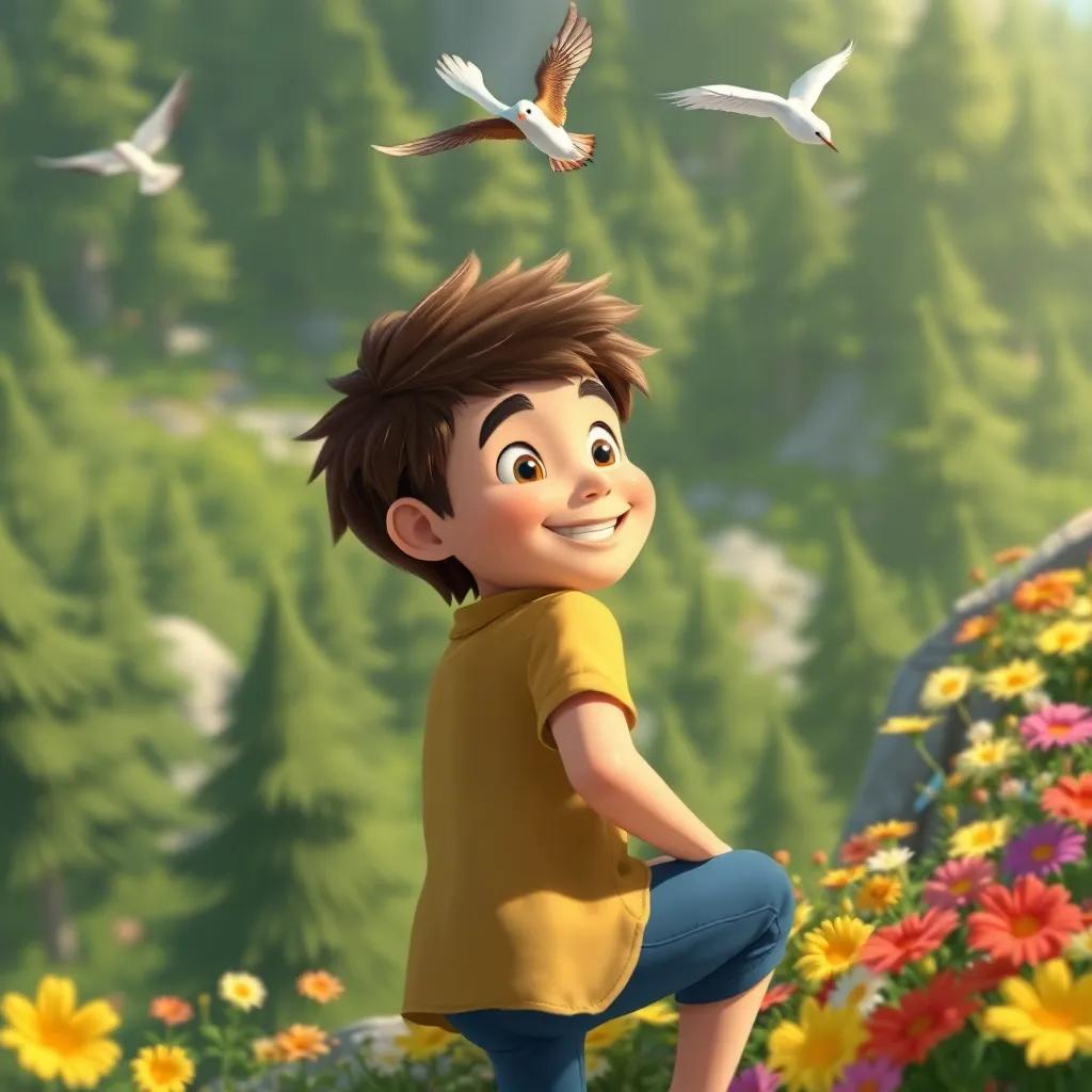 Sami climbing the mountain, looking back with a smile, surrounded by green trees and colorful flowers, birds flying above him, digital painting, bright colors, focused perspective, joyful mood