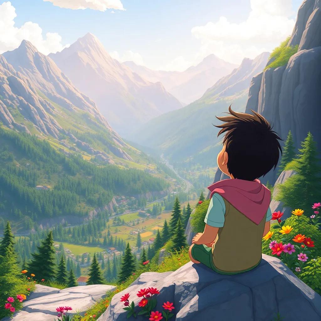 Sami at the mountain peak, looking amazed at the beautiful valley below filled with trees and colorful flowers, sunny sky, peaceful scenery around him, illustration, colorful, heartwarming view, high quality