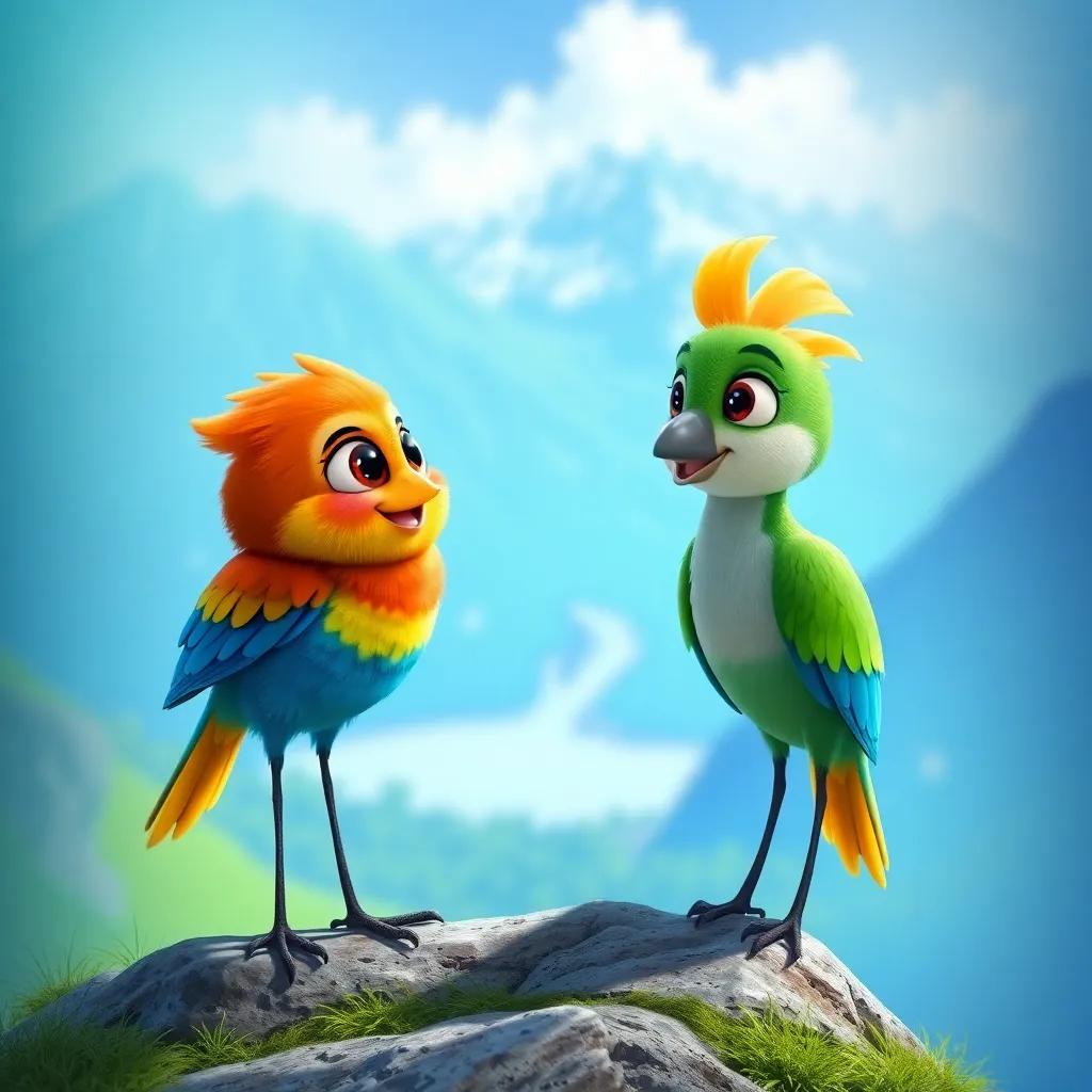 A small colorful bird talking to Sami at the peak of the mountain, vibrant feathers and friendly expression, green and blue background with a beautiful view, digital art, detailed features, magical atmosphere, whimsical
