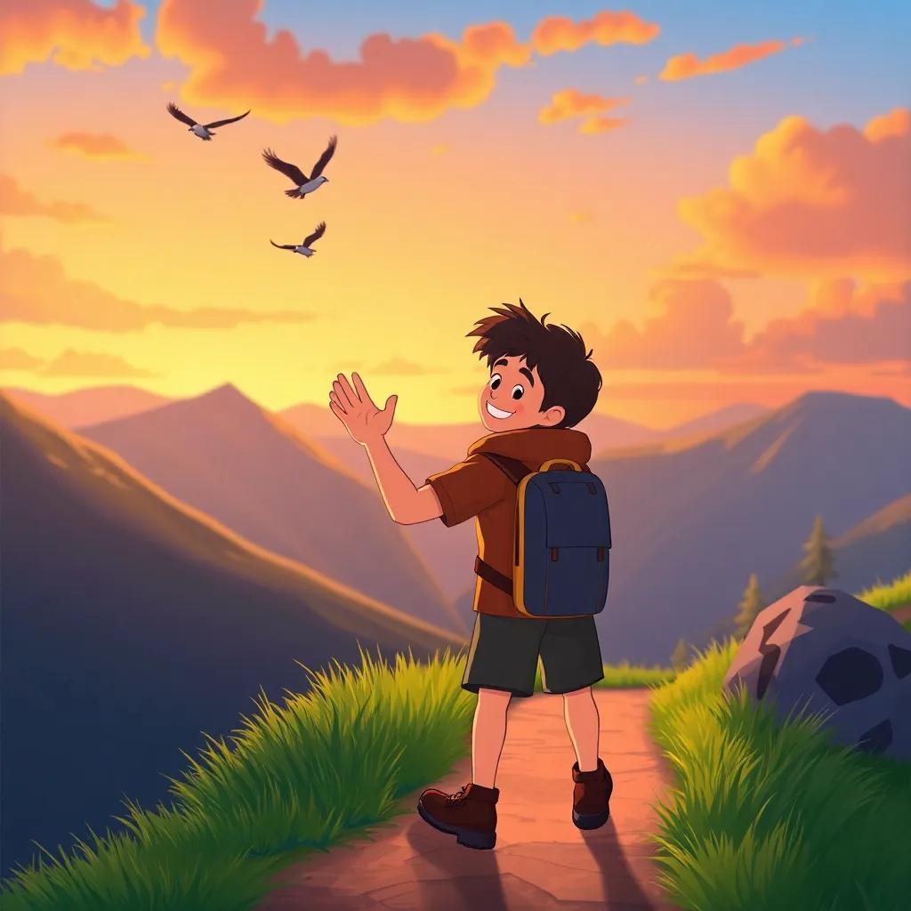Sami walking back down the mountain, smiling and waving at the bird, sunset sky behind him with warm colors, lush greenery along the path, illustration, uplifting mood, inviting scenery, high quality