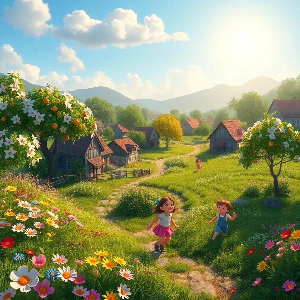 A small village with blooming flowers and trees bearing fruits, children playing joyfully in the fields under the morning sun, colorful scenery, digital art, vibrant colors, cheerful atmosphere, high quality