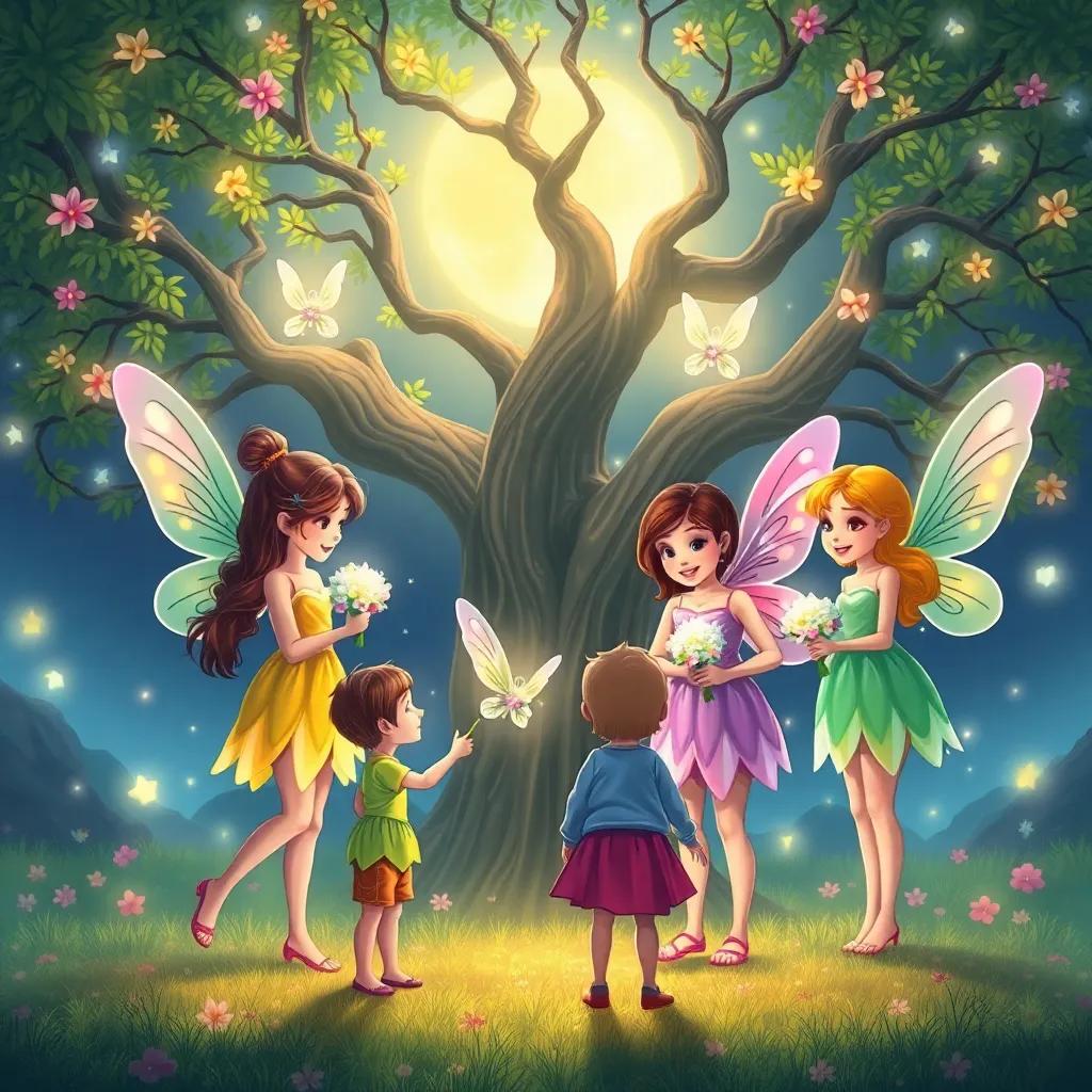 Fairies appearing in front of children, glowing in the moonlight, each wearing colorful dresses and holding flower bouquets, a magical tree background, illustration, dreamy setting, child-friendly, high quality