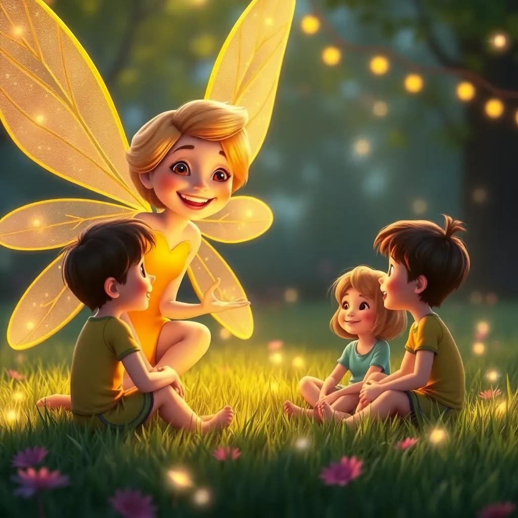 A big fairy with a warm smile talking to children, teaching them about cooperation, children sitting on the grass laughing and playing together, surrounded by soft glow of fairy lights, vibrant colors, heartwarming scene, high quality