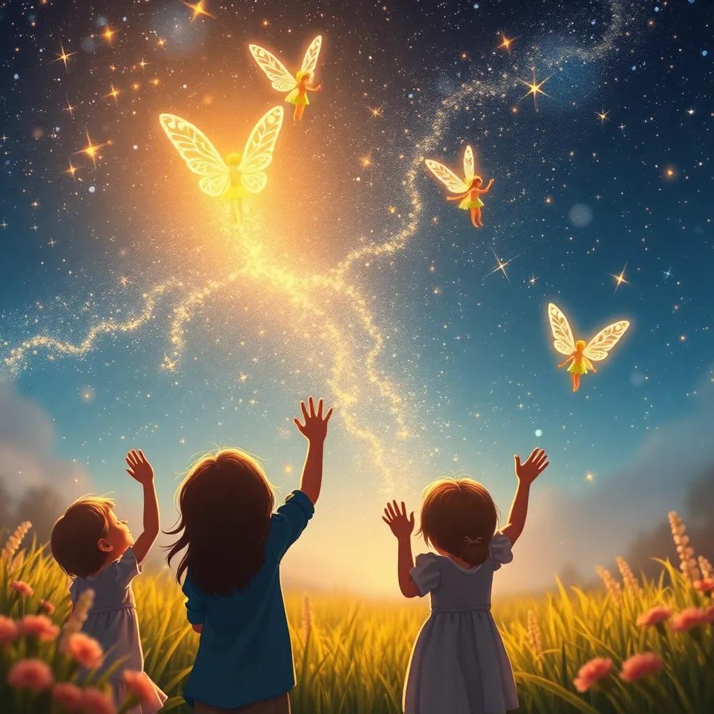 Children waving goodbye to fairies as they fly away, sparkling dust illuminating the night sky, promises of togetherness and love, warm colors, enchanting atmosphere, high quality