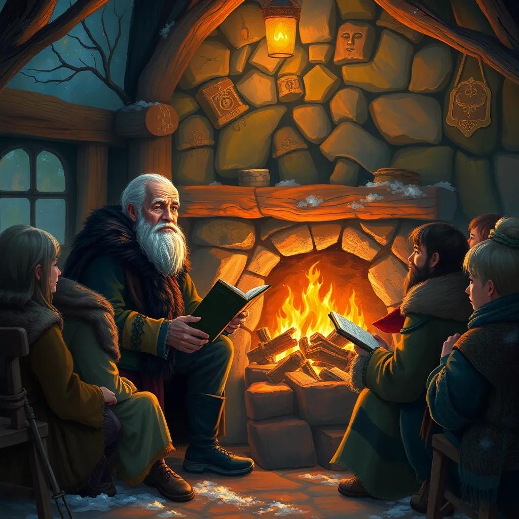 An old storyteller, Salem, with a majestic presence, sitting around a warm fireplace surrounded by villagers, telling stories on a winter night, digital art, warm colors, inviting atmosphere, high quality