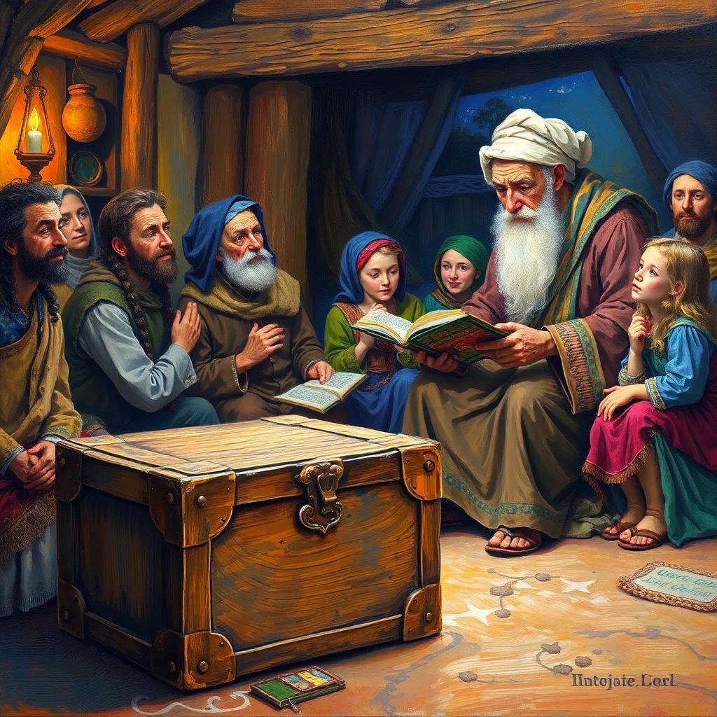 An ancient box sitting in front of Salem, the old storyteller, as he narrates an exciting tale to the captivated villagers, detailed, cozy setting, vibrant colors, storytelling moment, high quality