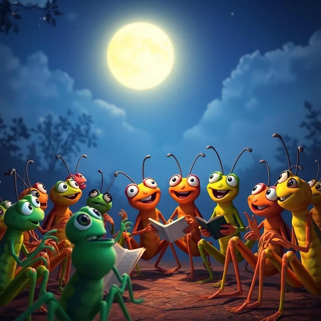 A lively gathering of crickets under the bright moonlight, excited expressions on their faces, discussing stories, a whimsical atmosphere, digital art, vibrant colors, magical feel, high quality