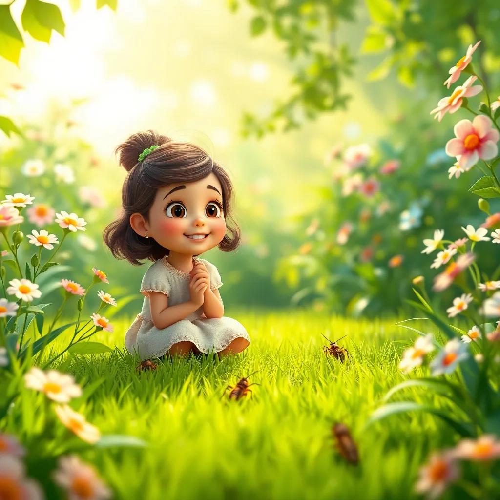 A green garden with beautiful flowers and a young girl named Layla, curious and cheerful, sitting on the grass, meeting the crickets, charming scene, bright sunlight, pastel colors, engaging perspective, child-friendly imagery