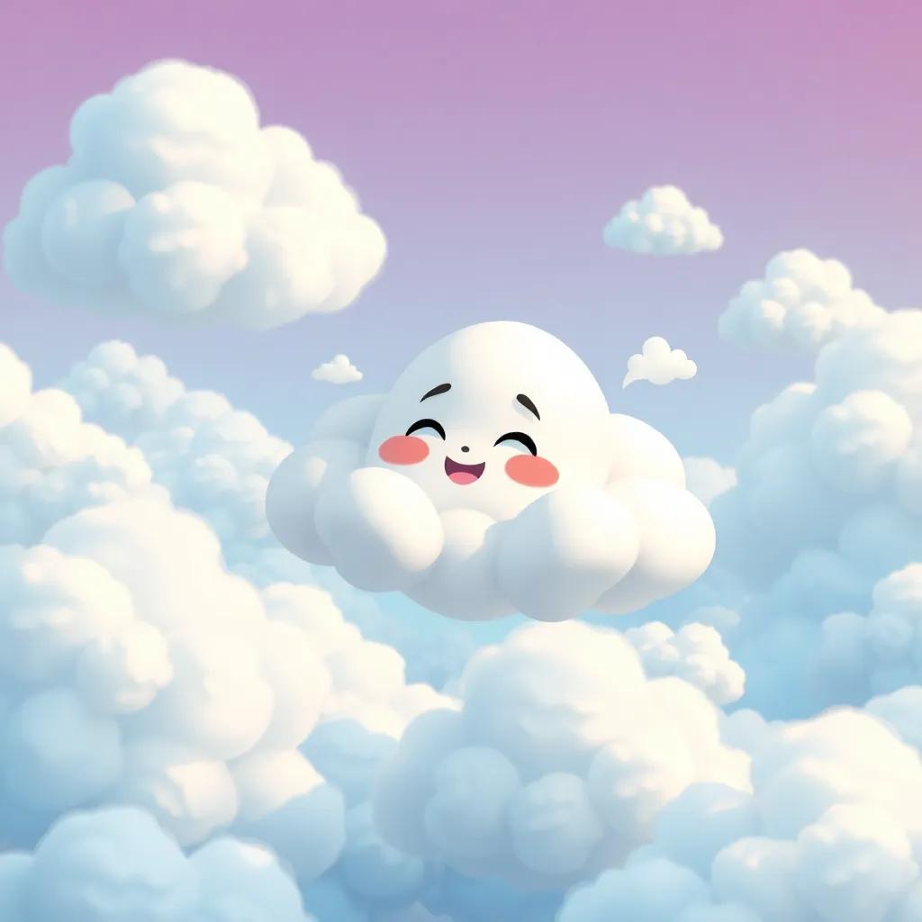 A playful cloud visiting other clouds, sharing stories, cheerful atmosphere, floating among happy fluffy clouds, illustration, vibrant colors, high quality