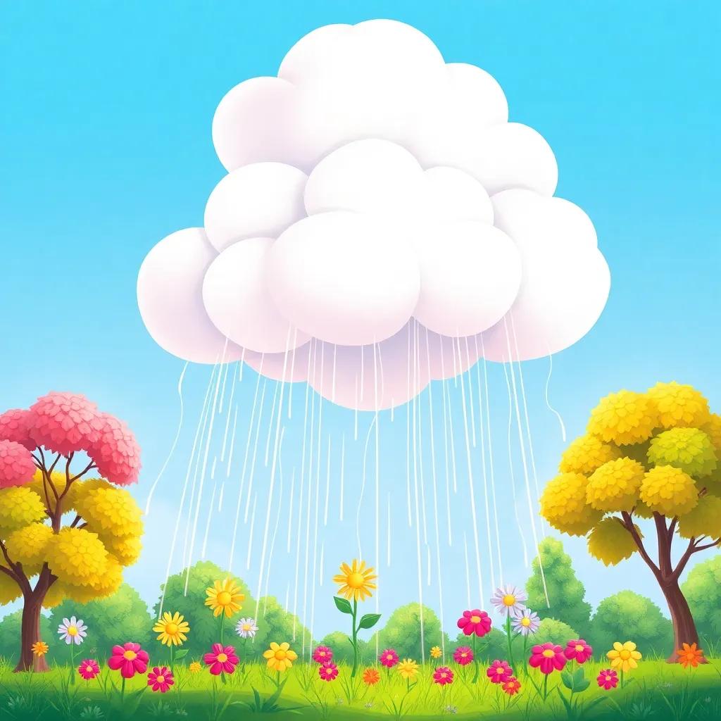 A big cloud carrying rain, watering flowers and trees below, joyful scene, bright colors, cartoon style, cheerful, high quality