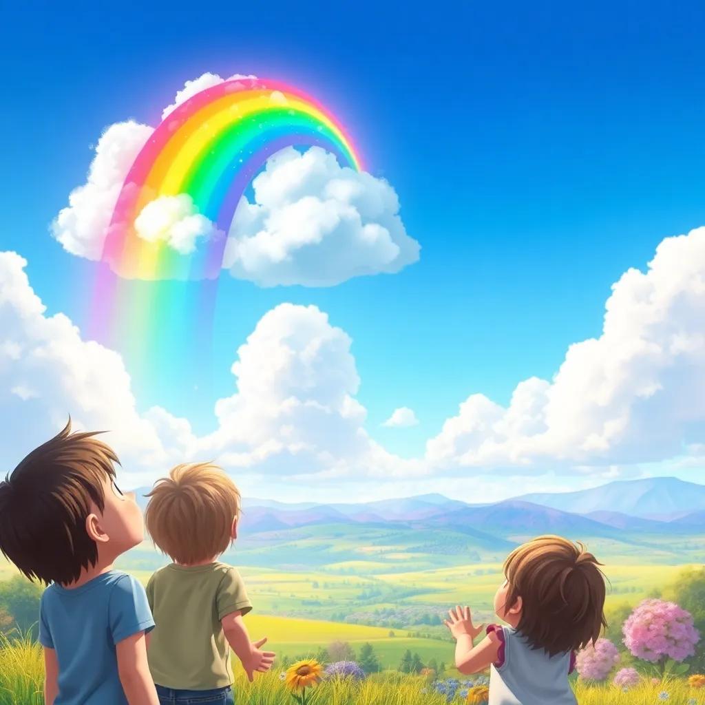 A colorful rainbow cloud soaring through the sky, children looking up in amazement, beautiful landscape below, bright colors, magical, high quality