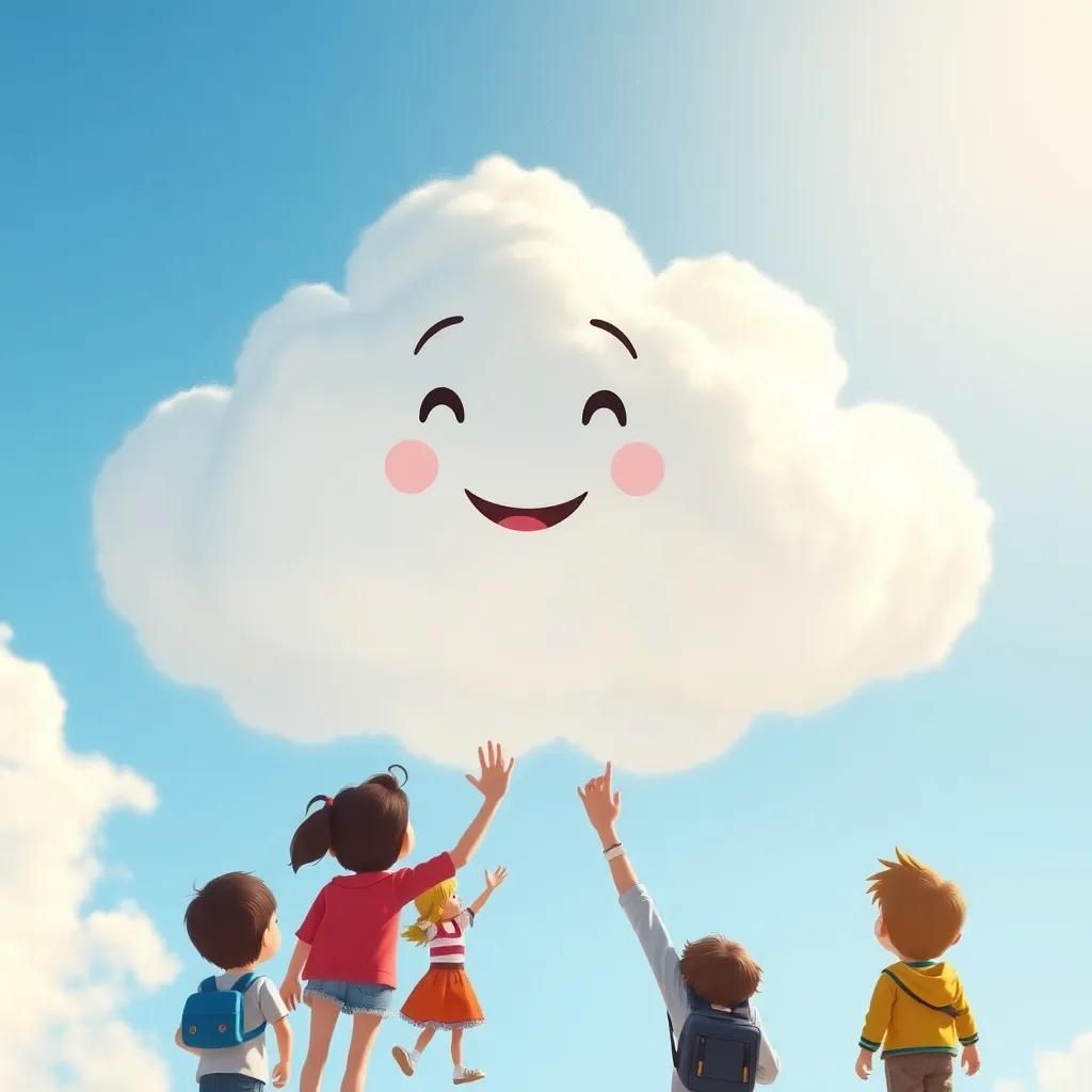 A magical cloud waving goodbye to the children, a clear blue sky in the background, anticipation for future adventures, cheerful, heartwarming, high quality
