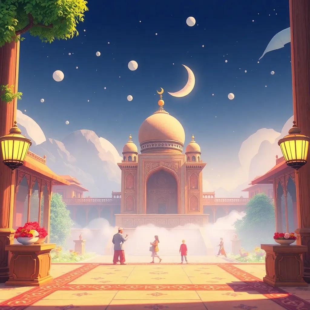 رامي، ولد صغير بشعر أسود، يرتدي قميصاً أحمر, يتحدث عن نجوم تحكي قصصًا للأشجار, الأشجار تتمايل تحت ضوء القمر, ألوان خيالية, جو عائلي, جودة عالية