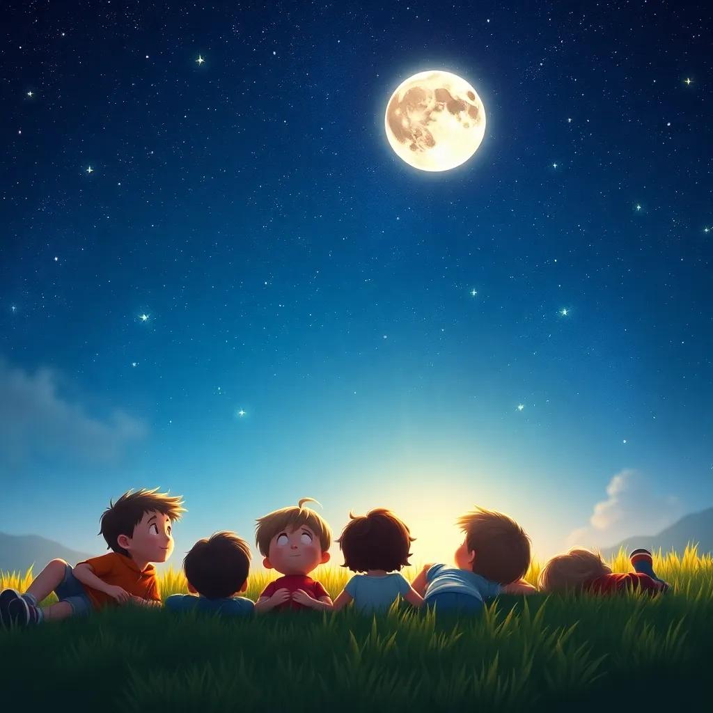 A group of children lying on the grass under a starry sky, looking up at the twinkling stars and the glowing moon, digital art, warm colors, magical atmosphere, high quality