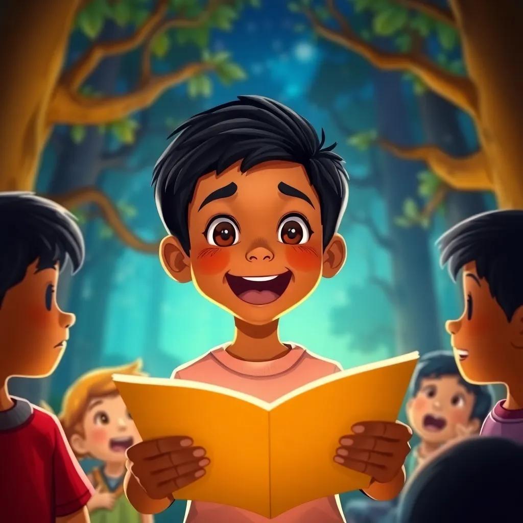 A boy named Yusuf, with medium brown skin and short black hair, excitedly telling a story about a hidden treasure in a magical forest at night, surrounded by other children, illustration, cheerful, engaging