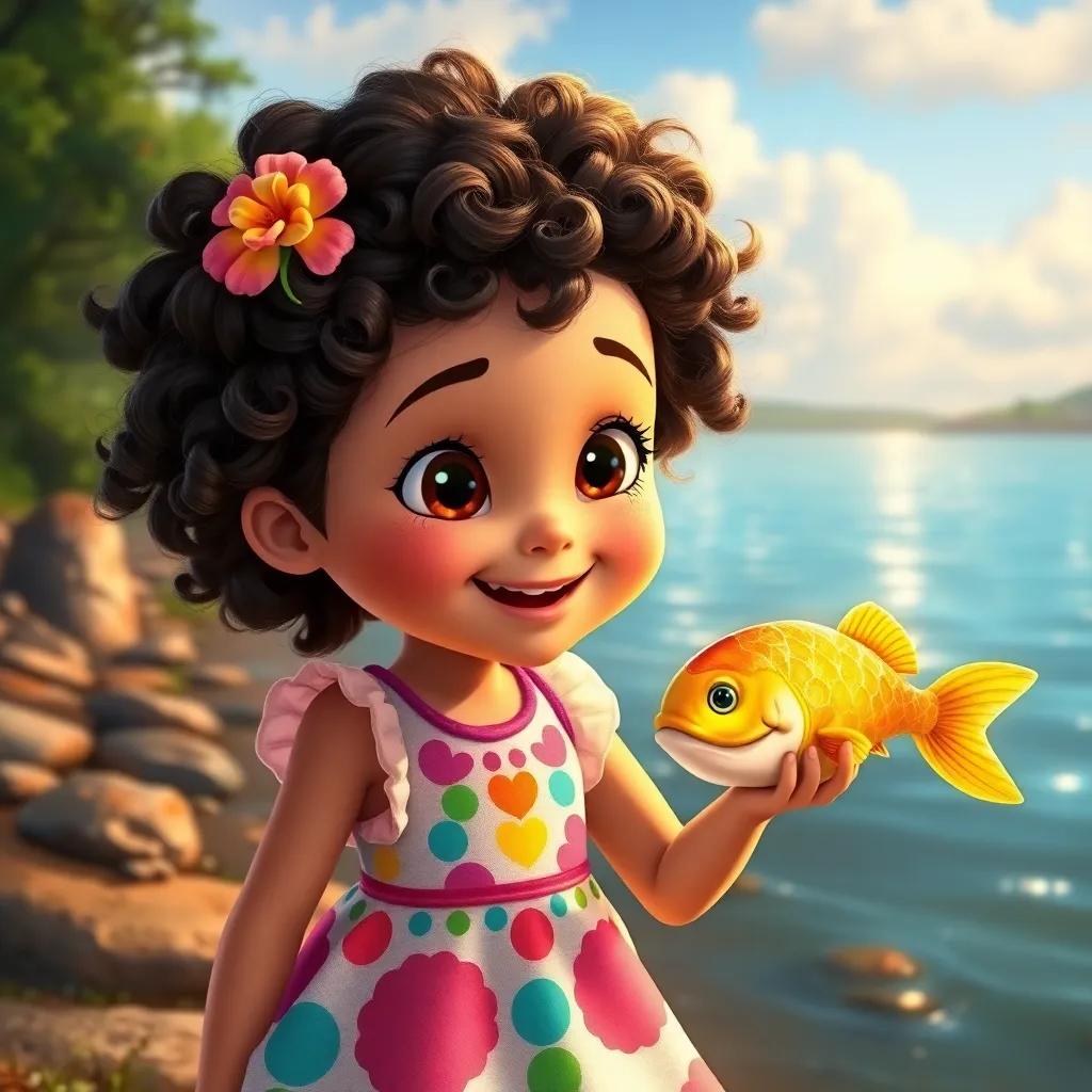 A girl named Layla, with curly hair and a colorful dress, describing her adventure with a golden fish at a lakeside, depicting the glimmering water and her joyful expression, colorful, vibrant, child-friendly