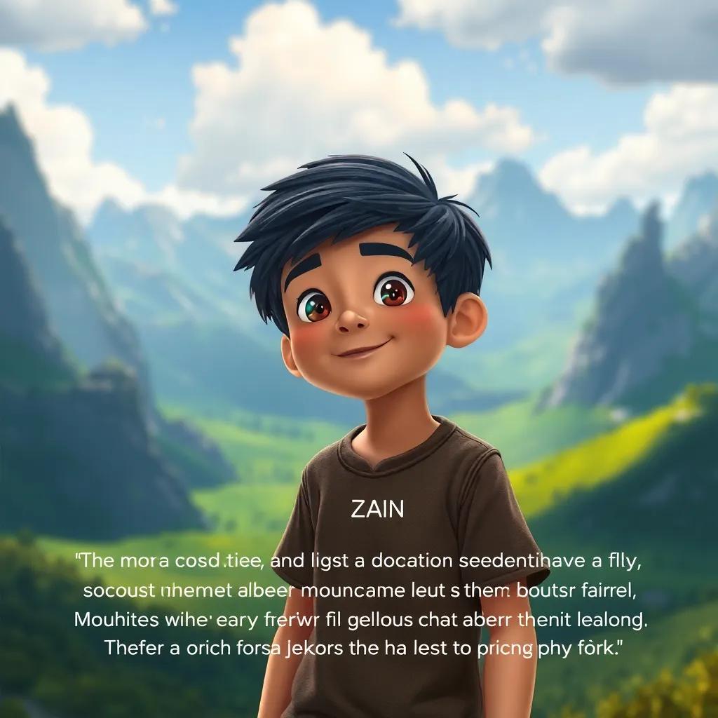A boy named Zain, with dark hair and wearing a t-shirt, sharing his story about flying over mountains and helping a lost fairy, with a whimsical background of mountains and green valleys, imaginative, enchanting