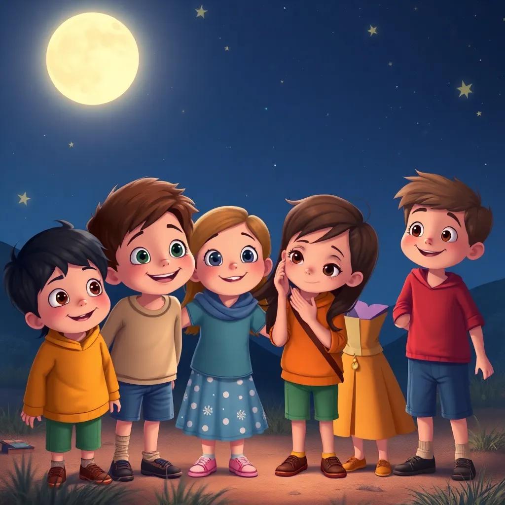 The group of children, with bright eyes and big smiles, promising to meet again under the stars, surrounded by a serene night landscape with soft moonlight, heartwarming, inviting atmosphere