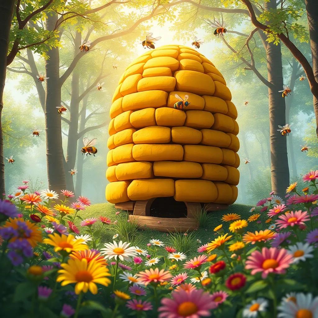 A big beehive in a beautiful forest, with colorful flowers around, busy bees flying in the warm sunlight, creating a cheerful atmosphere, digital art, vibrant colors, inviting scene, high quality