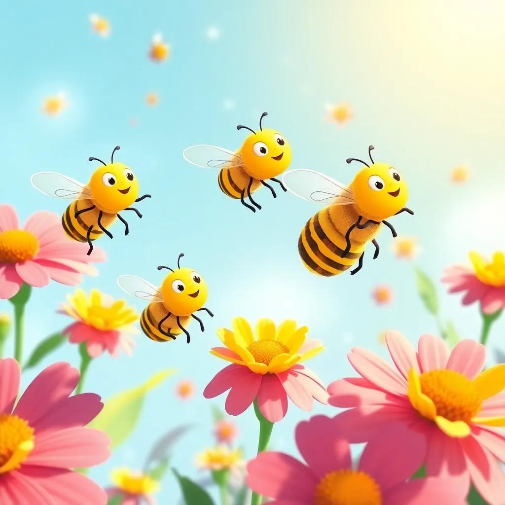 Bees gathering nectar from bright flowers, showing teamwork as they fly happily, an uplifting scene of nature, illustration, cheerful, sunny day, child-friendly