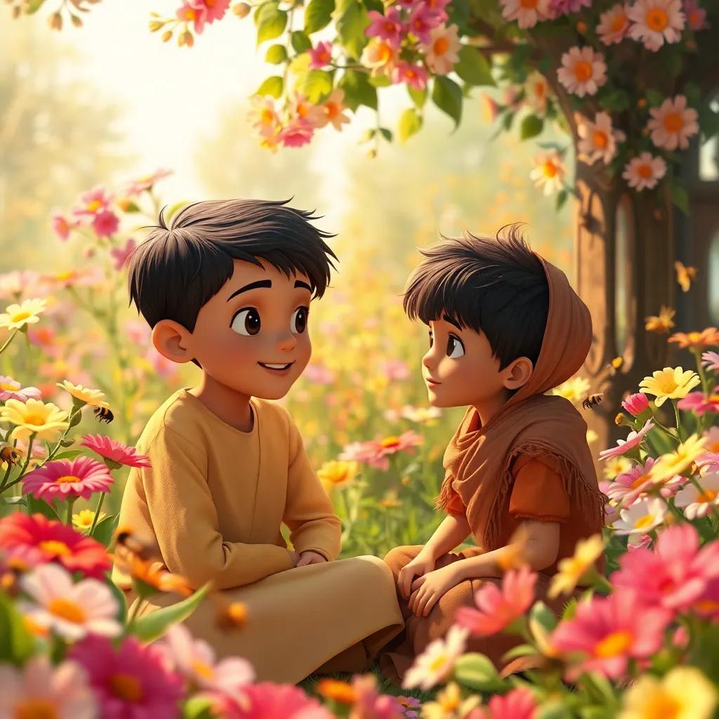 A young boy named Ali listening to his grandmother, sitting in a beautiful garden filled with flowers and bees, warm light, friendly atmosphere, storytelling view, high quality