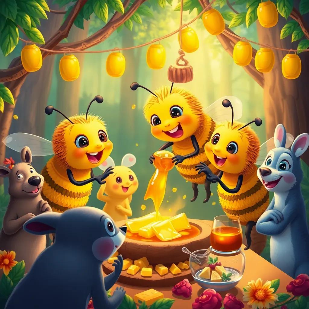 Bees celebrating with delicious honey, animals from the forest enjoying the feast, a joyful and colorful party scene, digital painting, vibrant, cheerful atmosphere, fantasy