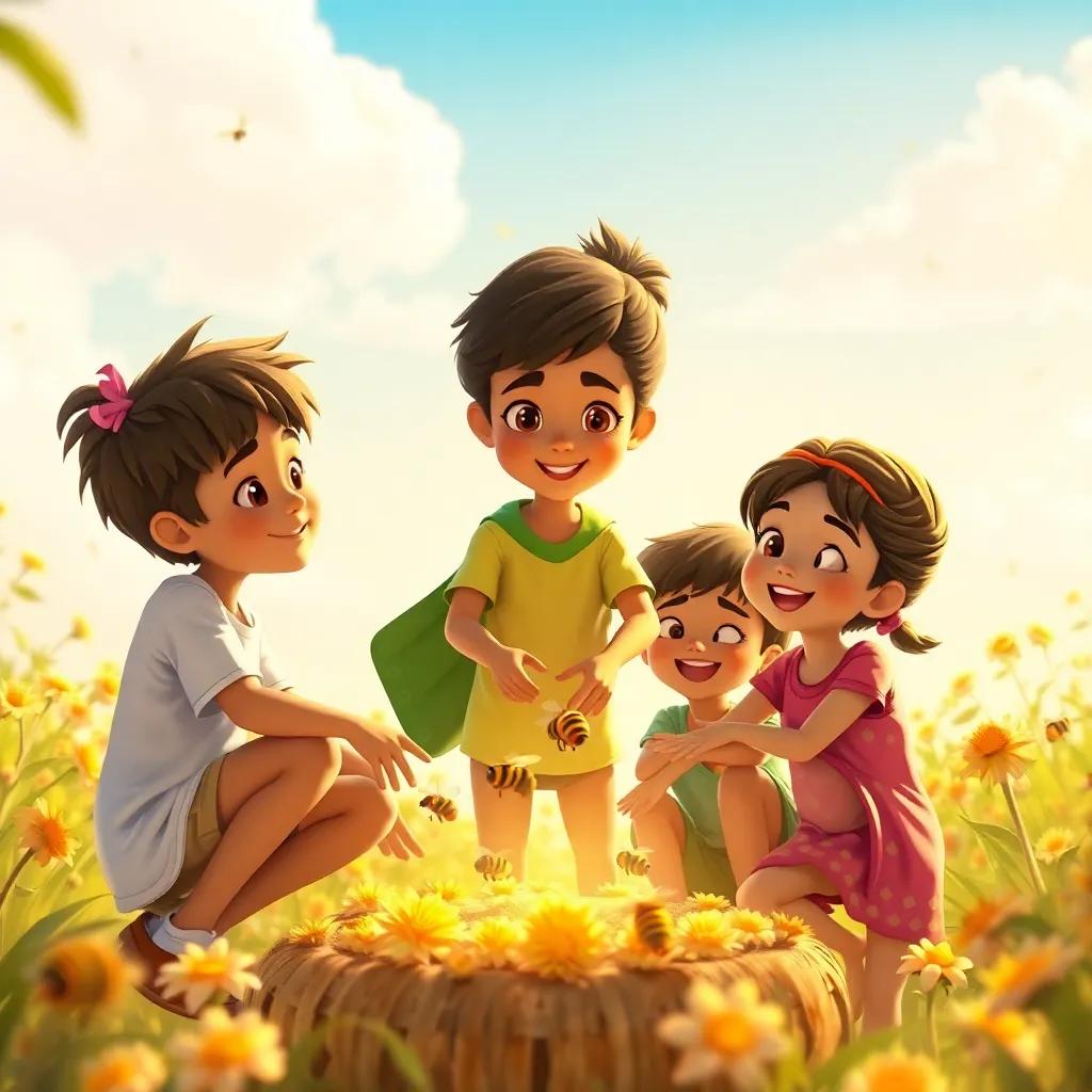 Ali and the other children playing together, applying the lessons from bees, working together in harmony, cheerful, warm sunlight, encouraging teamwork, uplifting imagery