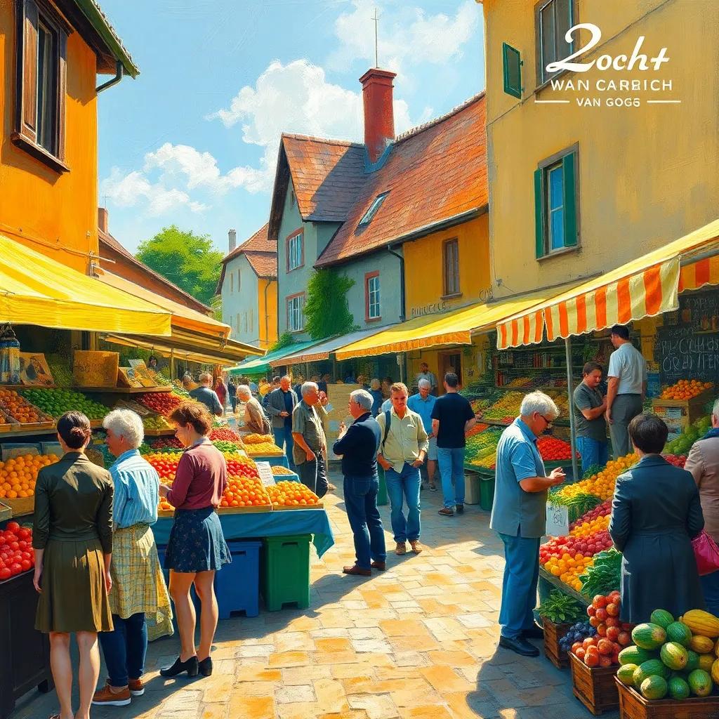 A bustling market in an old village, with people discussing the new judge, colorful stalls filled with fruits and vegetables, bright sunlight, cheerful atmosphere