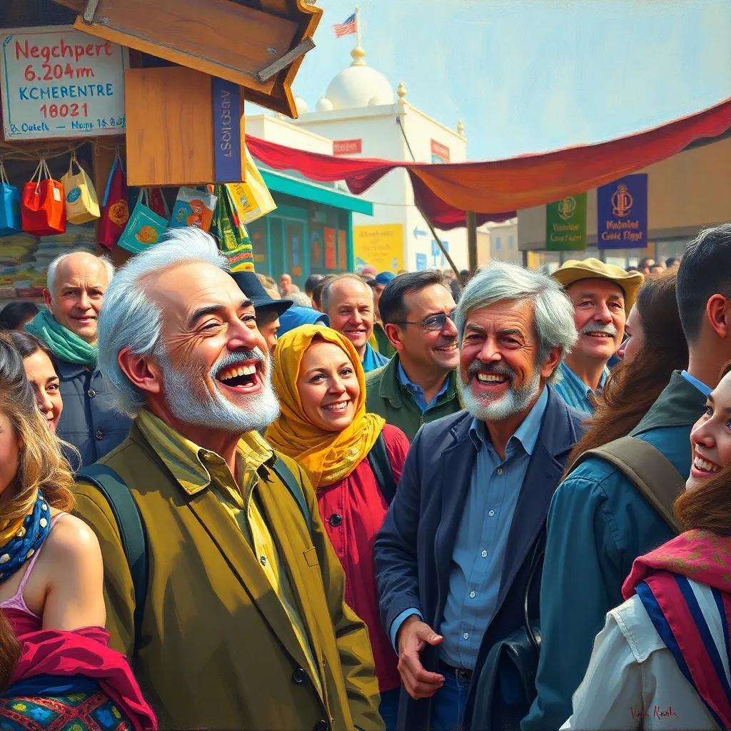 A crowd gathers in the market, a man laughing telling a story about the new judge, colorful characters, joyful expressions, morning light