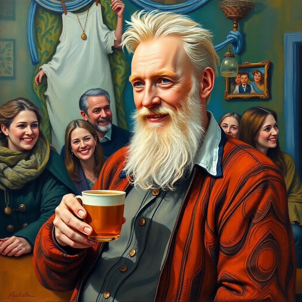 Juhha, a wise man with a warm smile, holding a cup of tea, observing the people with a gentle demeanor, surrounded by laughter and chatter, relaxed and friendly atmosphere