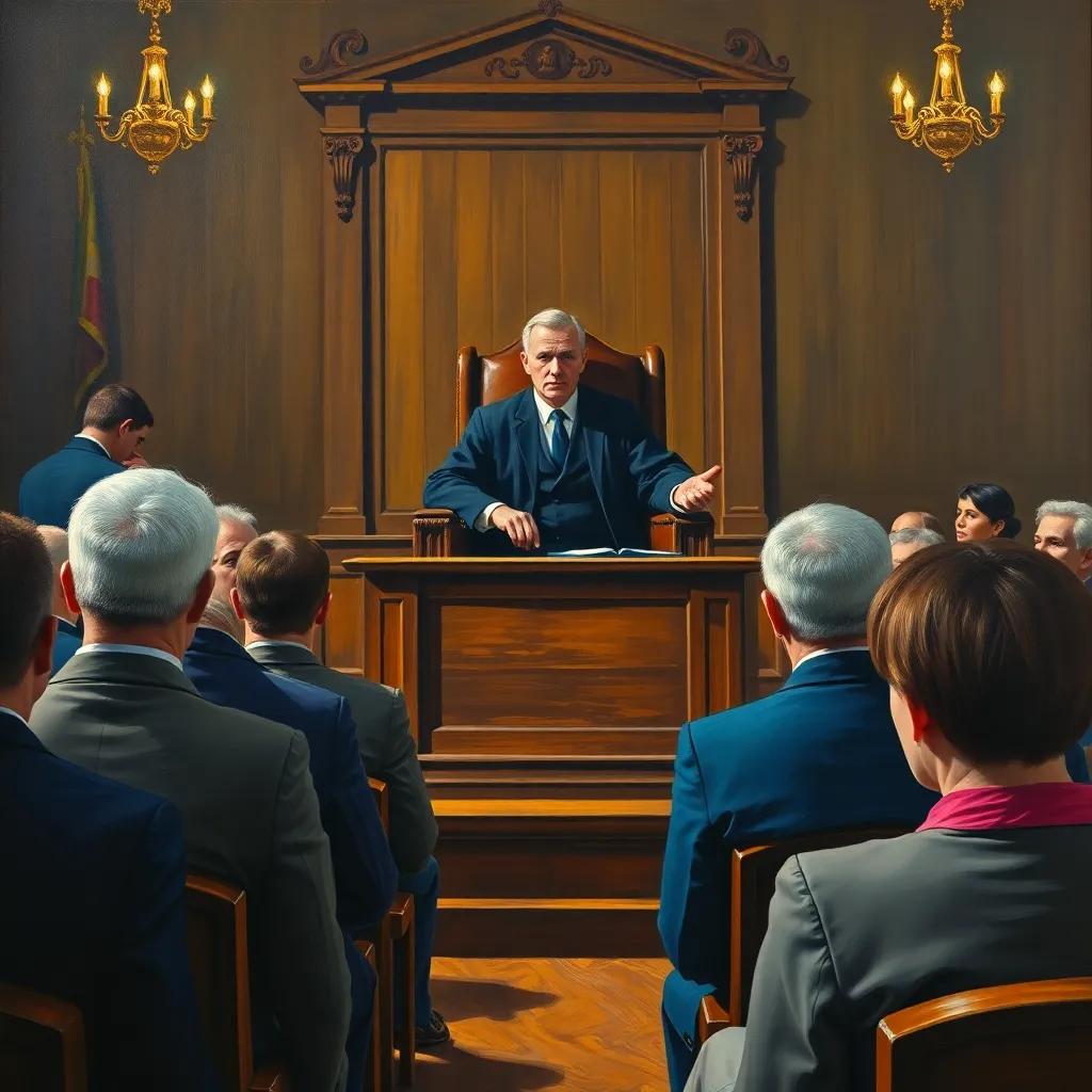 A courtroom with a new judge sitting confidently at a tall chair, people in the audience looking curious and skeptical, historical setting, serious expressions