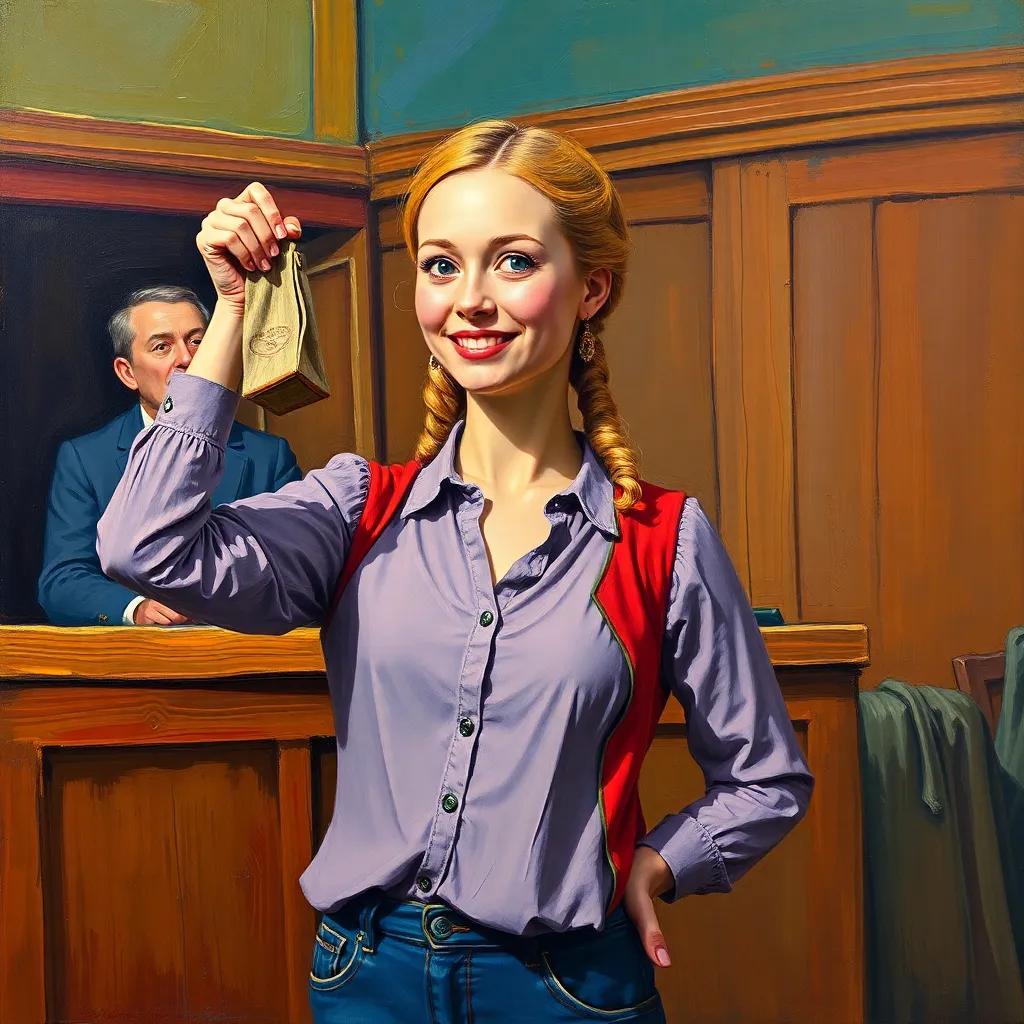 Juhha standing confidently with a small bag in front of the judge, holding it up with a cheeky smile, vibrant colors, humorous scenario