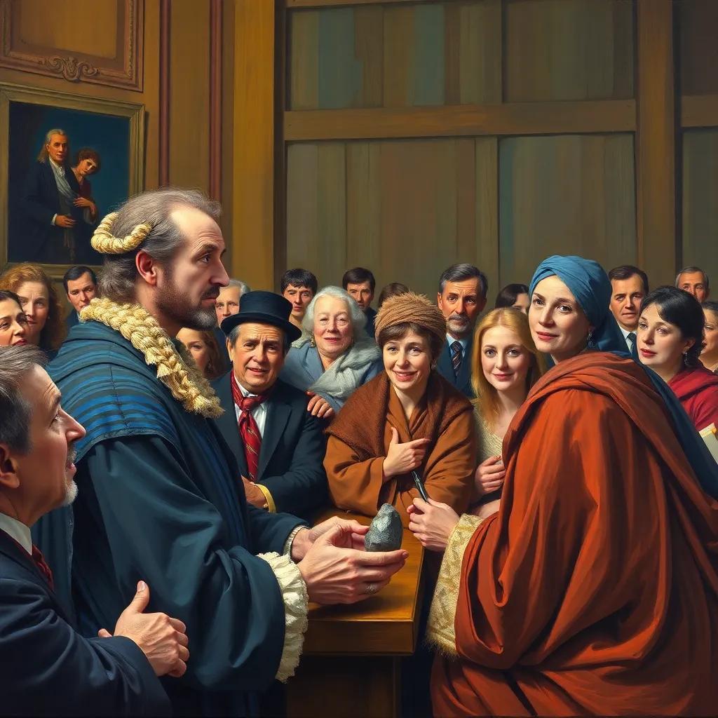The judge looking perplexed while staring at Juhha and the small stone, people in the audience reacting with laughs and whispers, lively court atmosphere