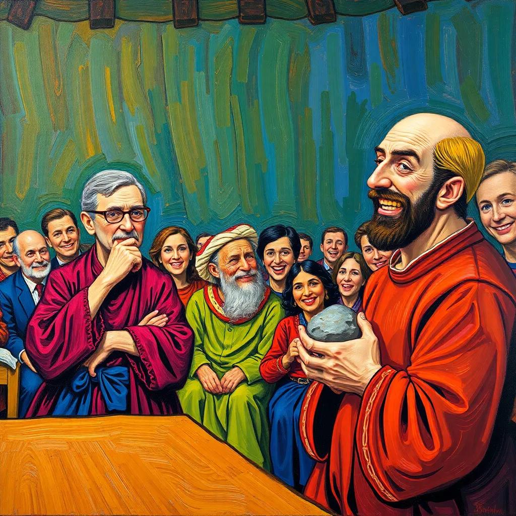 The judge contemplating while the audience laughs, Juhha with a mischievous grin, stone in hand, colorful and engaging scene