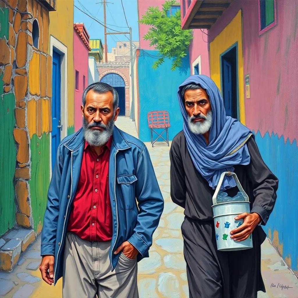 Juhha returning to court with his neighbor Saleh, Saleh carrying a bucket of water, both looking determined, colorful surroundings, community spirit