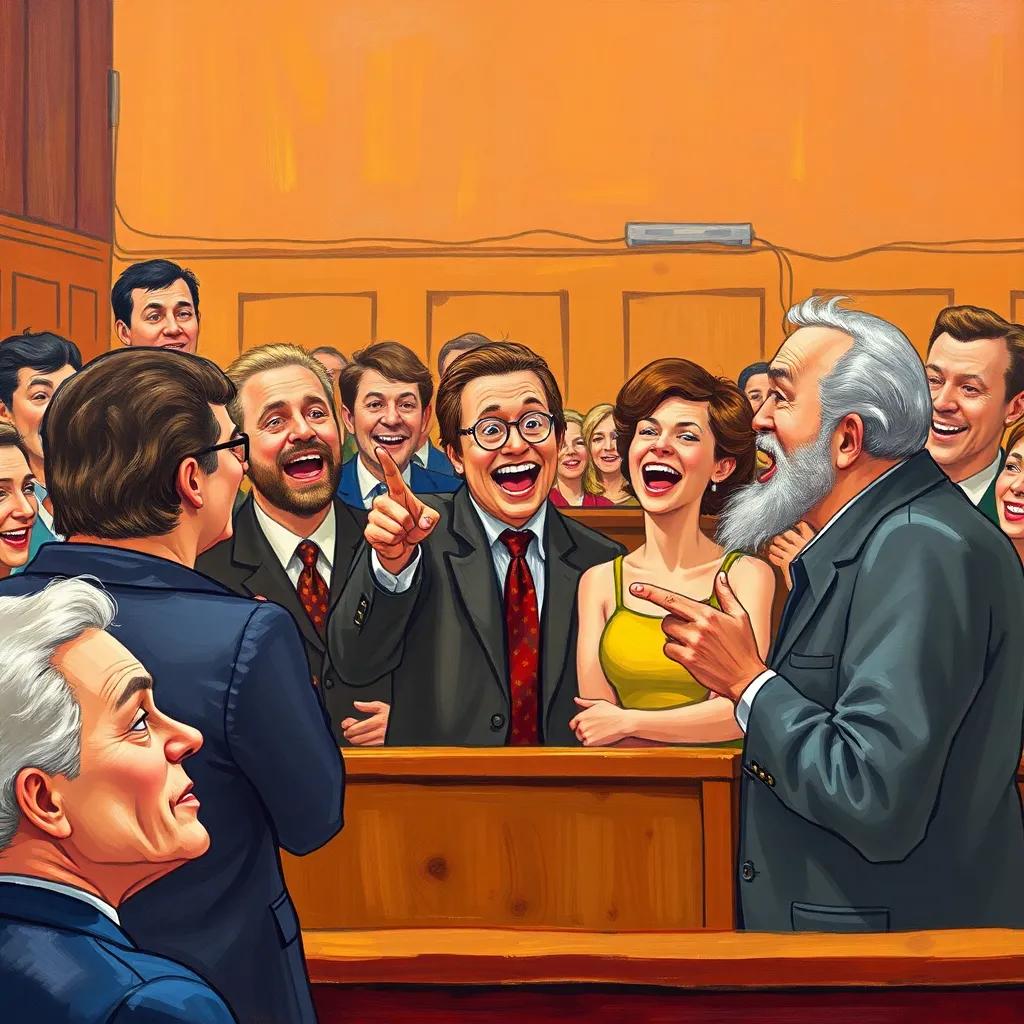 An animated courtroom scene with people laughing and pointing, Juhha making a point, lively expressions, participative crowd