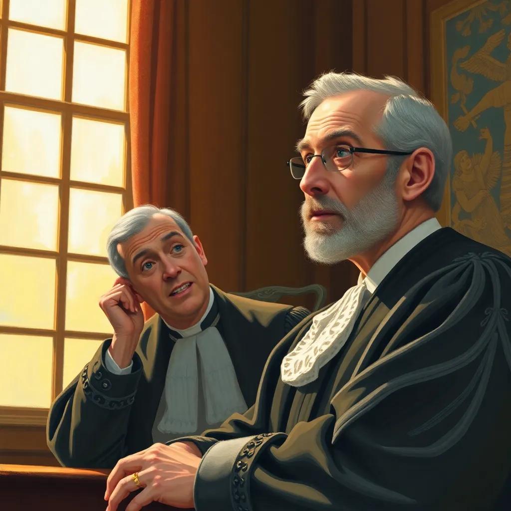 The judge surprised and reflective, realizing the wisdom in Juhha's words, warm light filtering through the windows, thoughtful tone