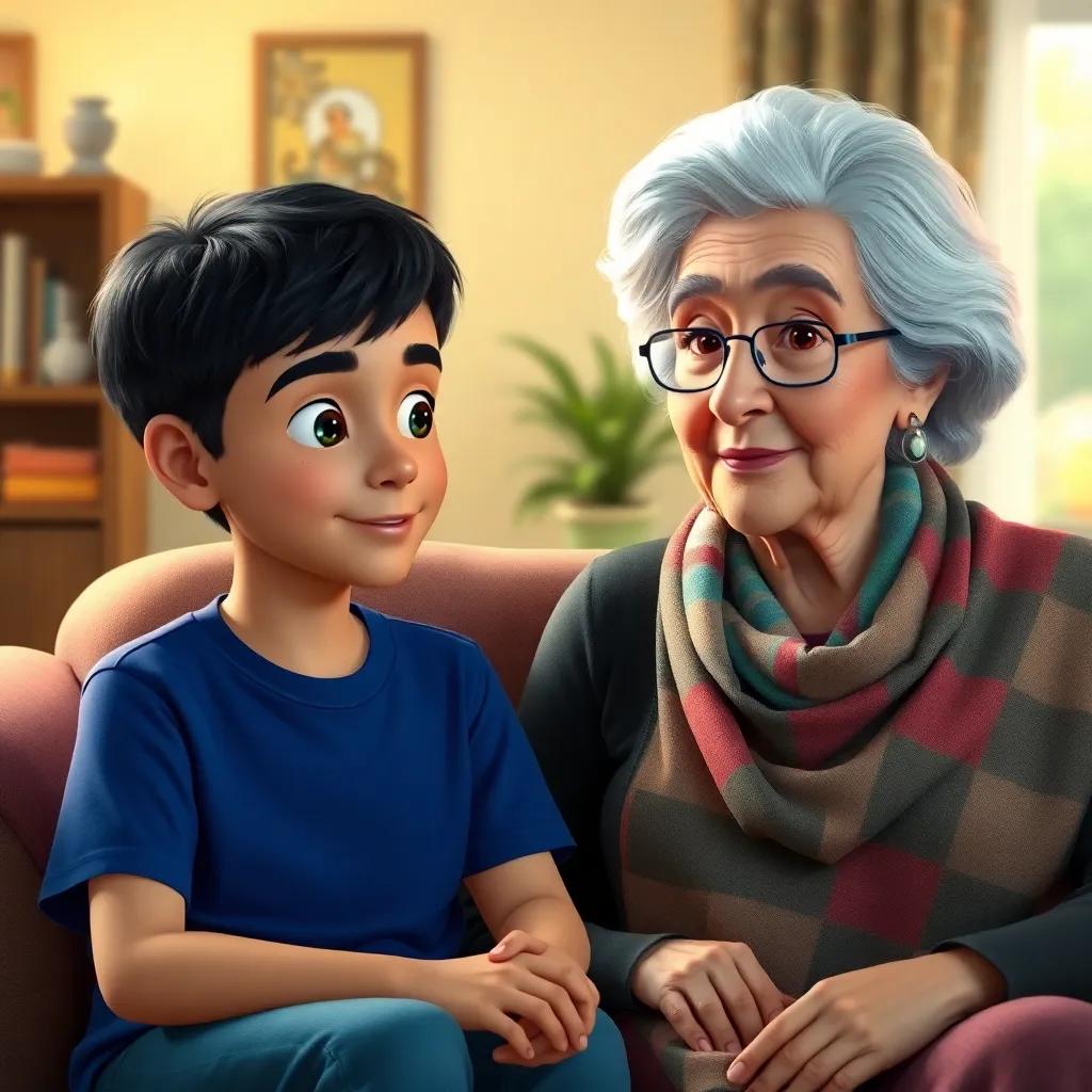 A young boy, Sami, with short black hair, wearing a blue t-shirt, sitting next to his grandmother, an elderly woman with silver hair in a colorful scarf, in a cozy living room with soft lighting and warm colors, heartwarming, inviting atmosphere