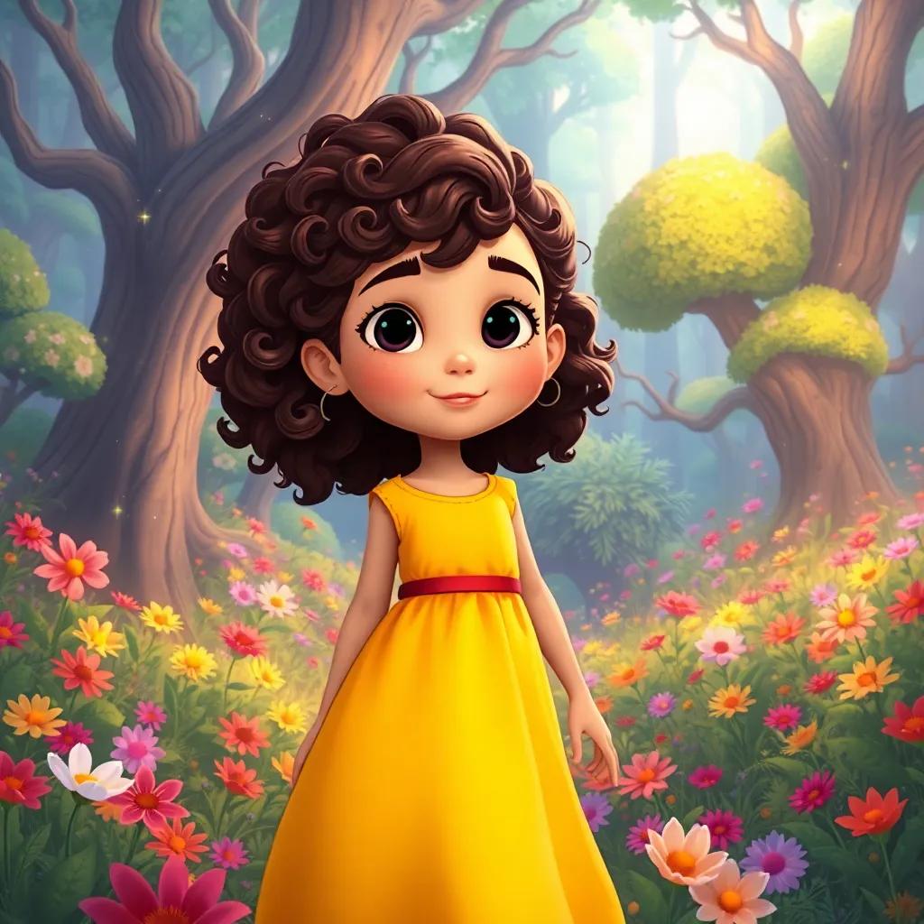 An illustration of a brave girl, Layla, with curly brown hair, wearing a bright yellow dress, exploring a magical forest filled with colorful flowers and mysterious trees, fantasy theme, vibrant colors, enchanting atmosphere
