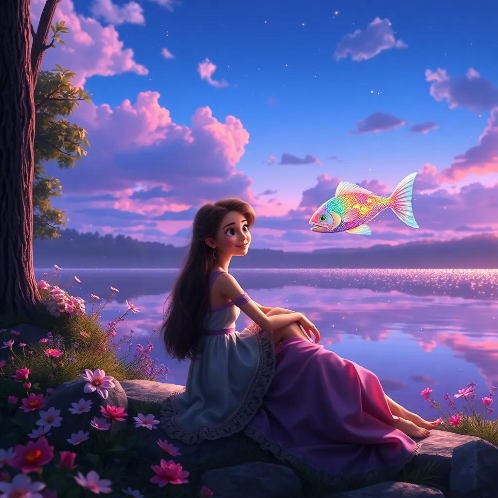 Layla sitting by a shimmering lake, the water reflecting the colors of the sky, surrounded by trees and flowers, with a magical fish appearing, glittering in rainbow colors, magical realism, captivating scenery