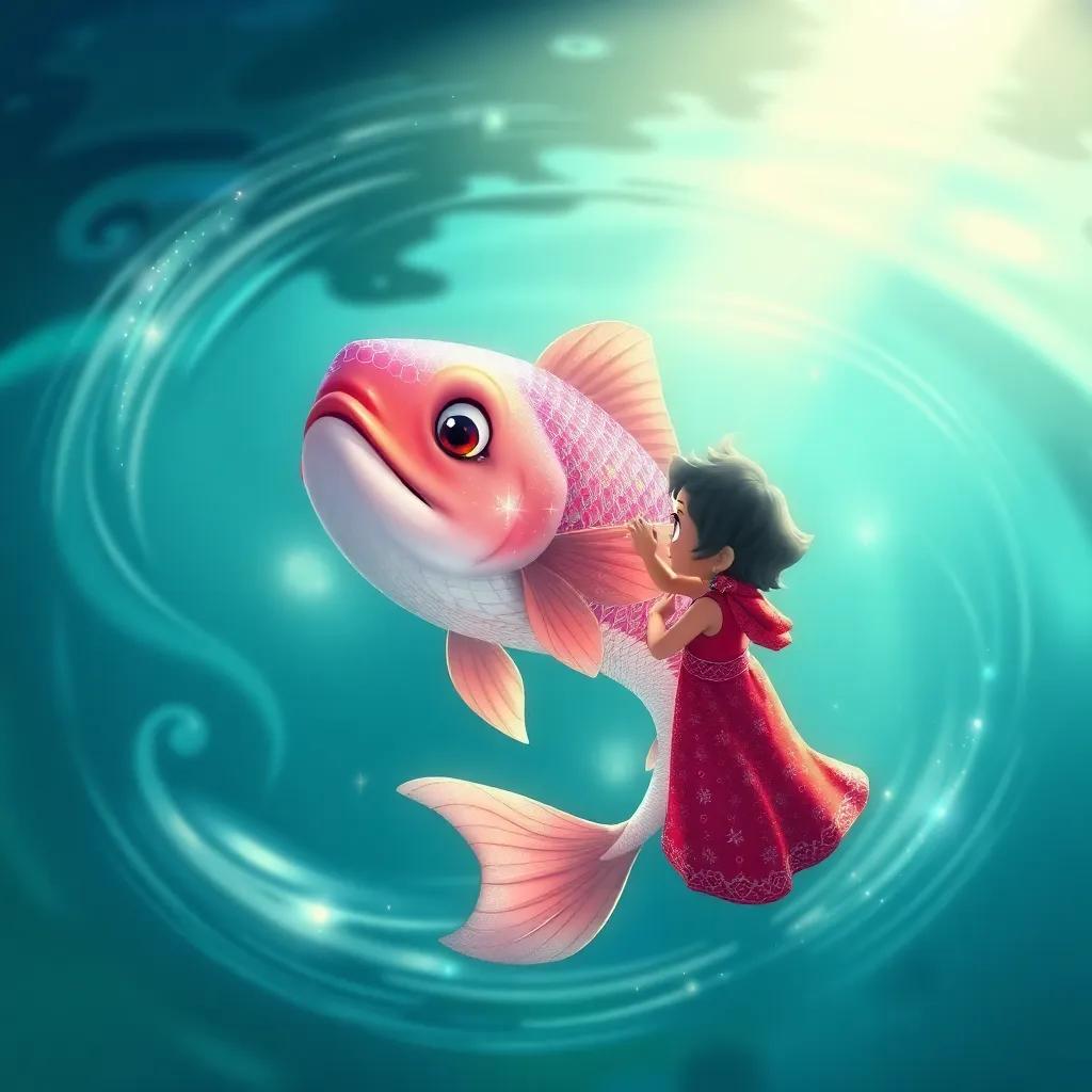 A magical fish with sparkling scales swimming in the lake, speaking to Layla, with swirls of water around them, emphasizing the enchantment of the moment, digital illustration, vibrant and dreamy