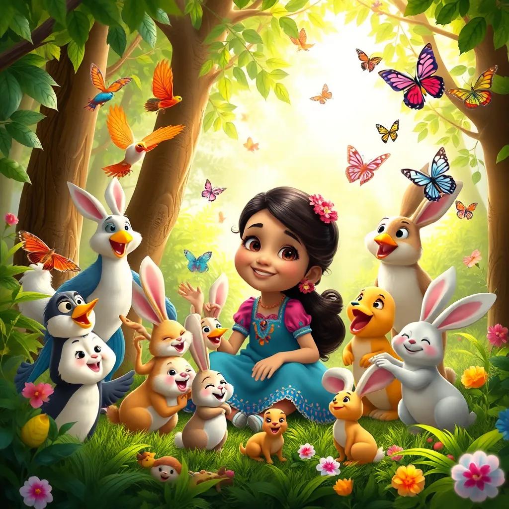 Layla surrounded by forest animals - birds, rabbits, and butterflies, all smiling, a lively and playful scene in the forest, depicting joy and friendship, cheerful colors, bright sunlight filtering through the leaves
