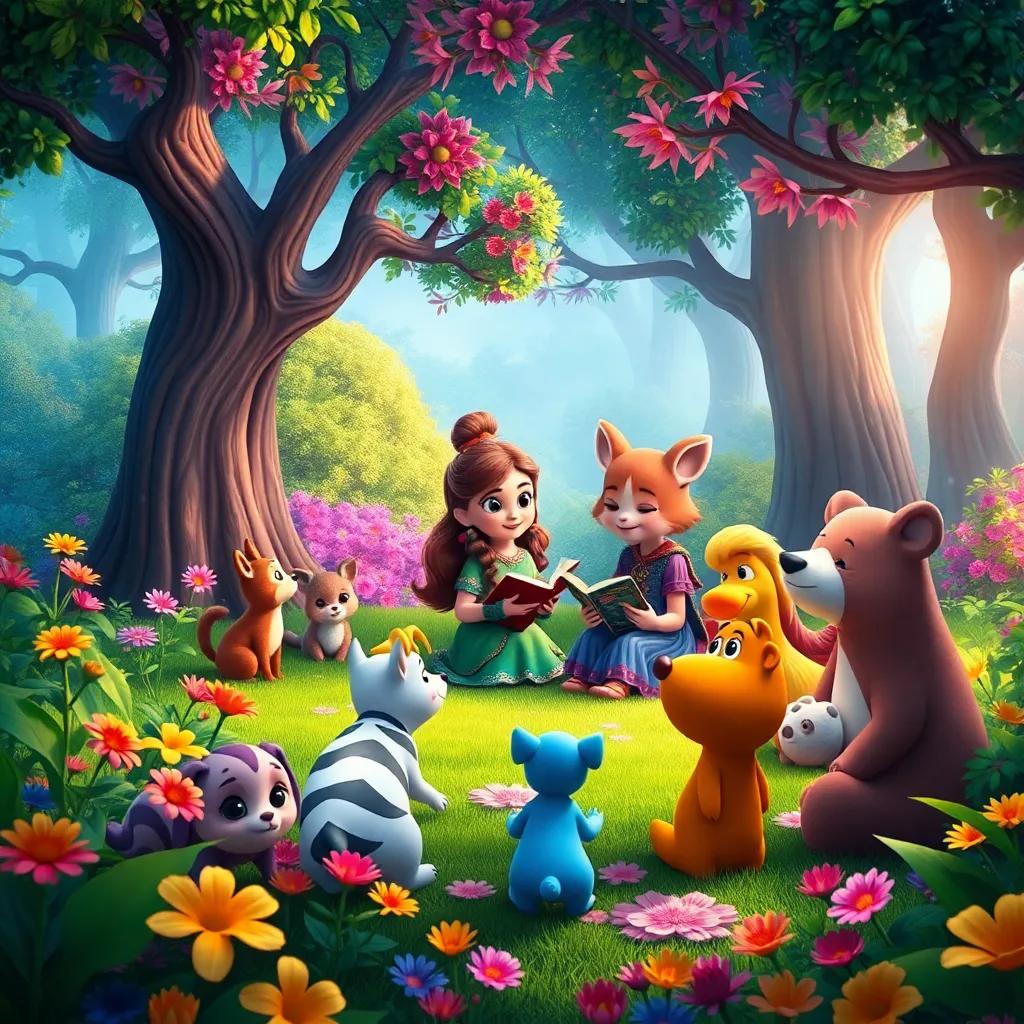 A beautiful vibrant forest, with animals gathered around a storyteller, Layla, animatedly sharing her stories with them, colorful flowers and trees, whimsical atmosphere