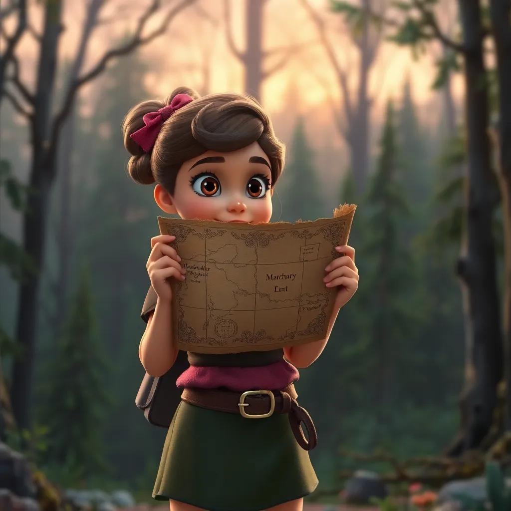 Layla holding an ancient map, with a look of excitement in her eyes, standing at the edge of the forest, ready to embark on a treasure hunt, adventurous tone, rich colors, inspiring