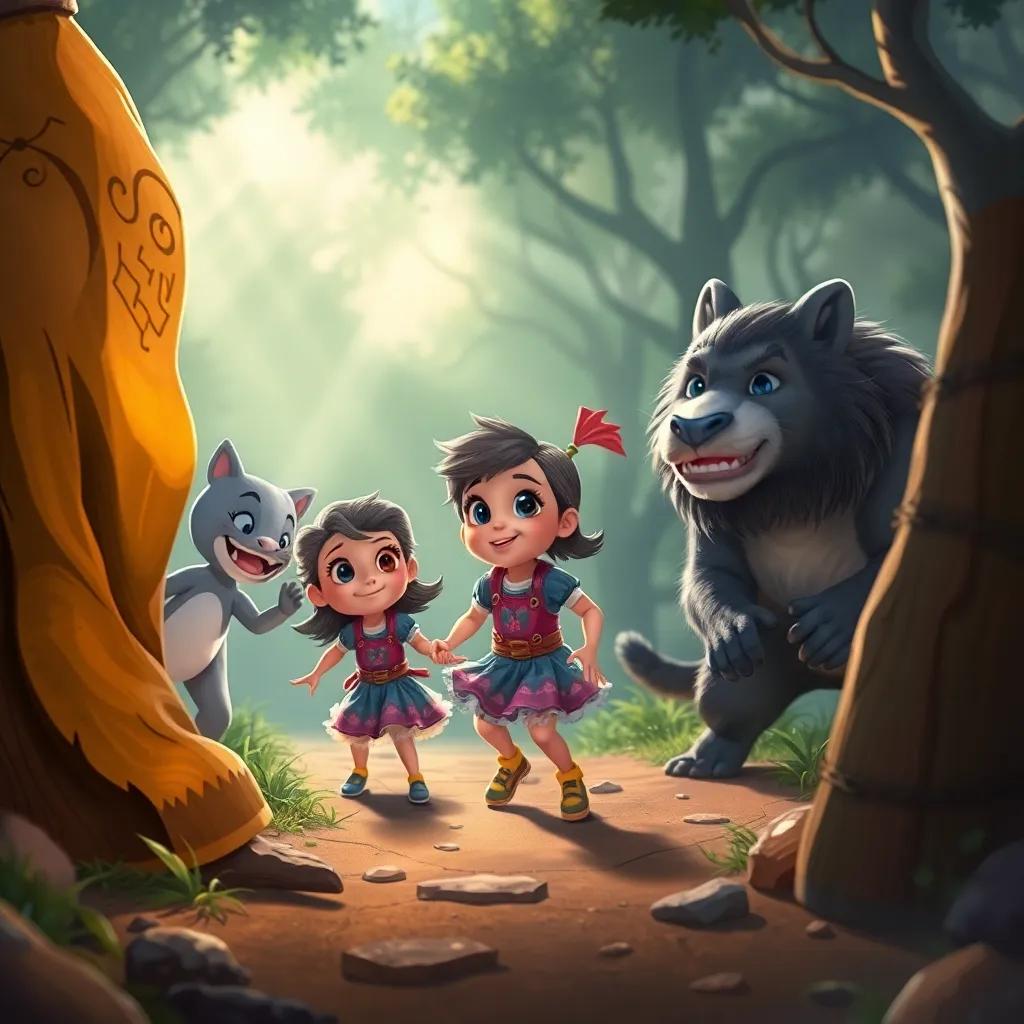 Layla and her animal friends facing obstacles on their treasure hunt, showing teamwork and determination, dramatic lighting, moments of challenge, dynamic illustration